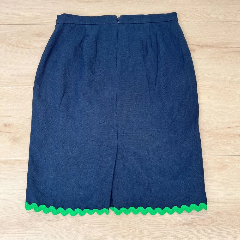 J.Crew Navy Blue Green Ric Rac Linen Retro Preppy Twee Revival Pencil Skirt Sz 6